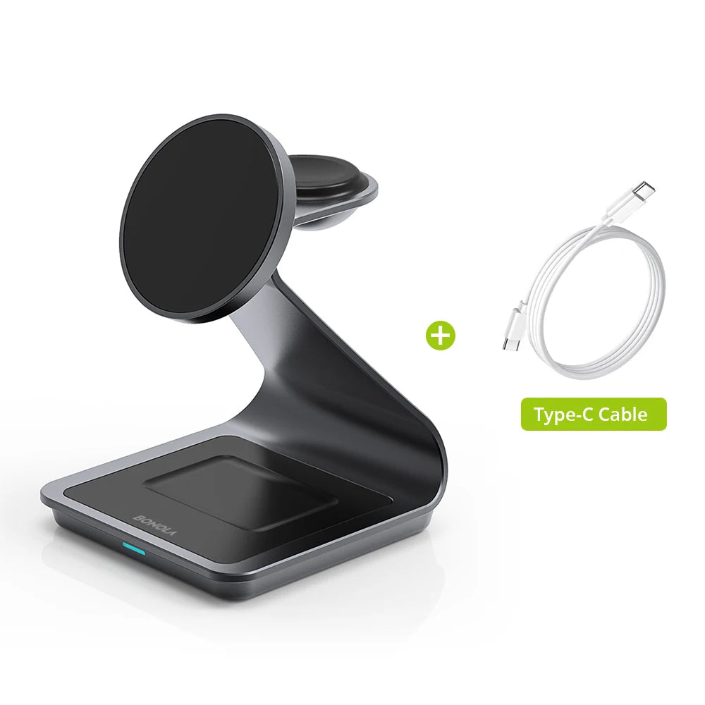 Bonola 3-in-1 Magnetic Wireless Charger: Fast Charging Station for iPhone 17/16/15/14/13/12, Apple Watch & AirPods Pro