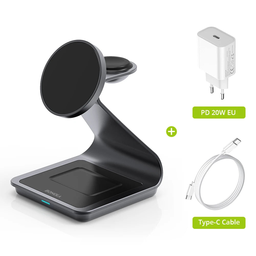 Bonola 3-in-1 Magnetic Wireless Charger: Fast Charging Station for iPhone 17/16/15/14/13/12, Apple Watch & AirPods Pro