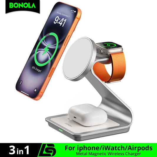Bonola 3-in-1 Magnetic Wireless Charger: Fast Charging Station for iPhone 17/16/15/14/13/12, Apple Watch & AirPods Pro