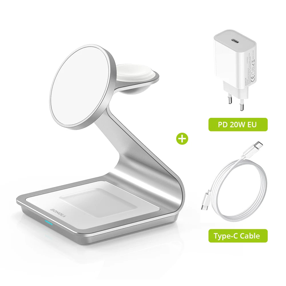 Bonola 3-in-1 Magnetic Wireless Charger: Fast Charging Station for iPhone 17/16/15/14/13/12, Apple Watch & AirPods Pro